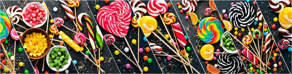 Photo collage of colored lollipops, sweets and candies. A set of colorful holiday sweets. Photo...