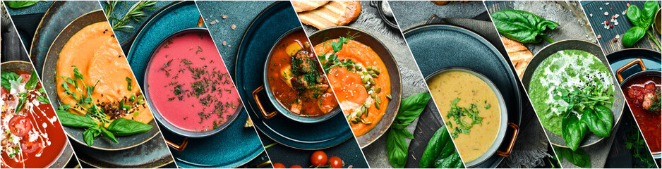 Photo collage of various soups and cream soups. A set of colored soups in bowls. Photo banner for a food site.