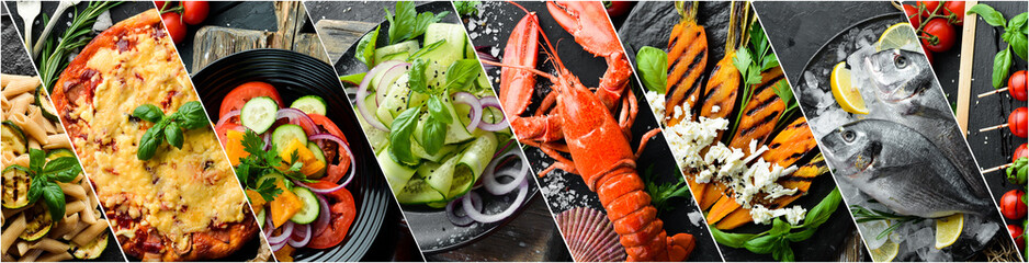 Photo collage. Different healthy main courses, meat and fish dishes, pasta, salads, sauces, bread and vegetables on a dark background. Top view. - obrazy, fototapety, plakaty