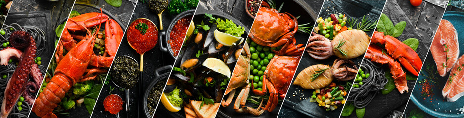 Photo collage. Set of Seafood Dishes. Seafood on a plate. On a dark stone background. Advertising...
