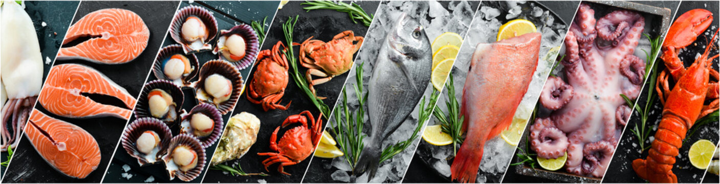 Photo collage. Fresh seafood: fish, lobster, squid and shrimp on a dark stone background. Advertising banner.
