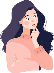 Thinking girl. Beautiful face, doubts, problems, thoughts, emotions. Curious woman questioning, question mark. illustration