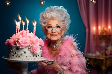 Beautiful old woman celebrates birthday. Holds a cake with burning candles and wearing a pink dress
