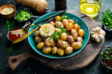 Fried baby potatoes with garlic. Jeera Aloo is an Indian cuisine dish with little baby potatoes. On a stone background.