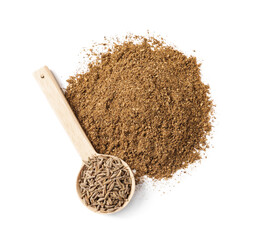 Heap of aromatic caraway (Persian cumin) powder and wooden spoon of seeds isolated on white, top view