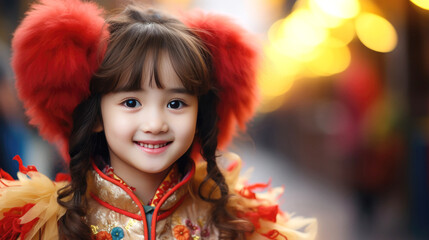 Chinese girl in Chinese costume in front of a Chinese lion in the Chinese new year
