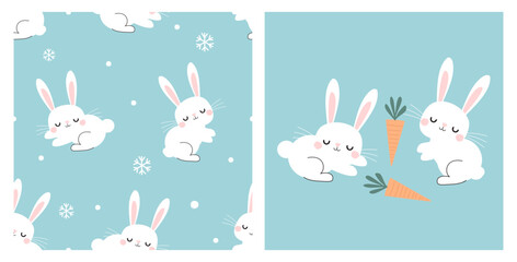 Christmas seamless pattern with bunny rabbit cartoon and snowflakes on green mint background vector illustration.