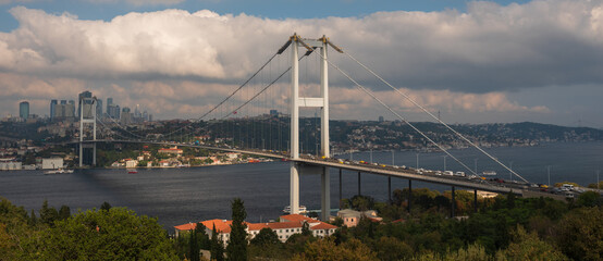 Istanbul Bosphorus Bridge or 15 July Martyrs Bridge.. Autumn season. Turkey important travel...