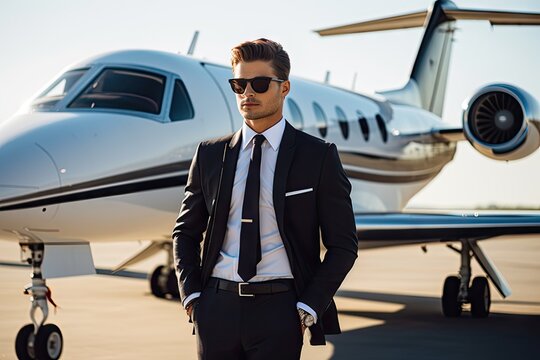 Businessman Standing Near Private Jet, Private Airplane, Small Aircraft, Rich Businessman Travel