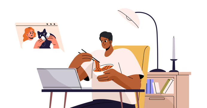 Remote communication. People chat by video conference, call. Couple in long distance relationship talk by videocall. Man eating, girl show cat. Flat isolated vector illustration on white background