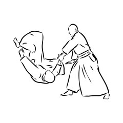 Aikido combat between athletes, stylized vector illustration