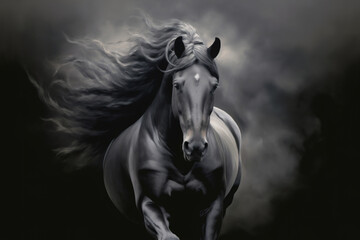 Obraz na płótnie Canvas Gorgeous horse with long flowing mane on the run, stunning illustration, dark background