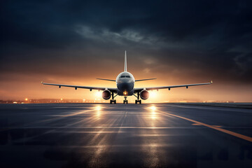 Fototapeta na wymiar Ready for take off. Passenger jet airplane at runway at sunset. Photorealistic illustration. Creative ai