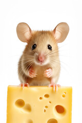 Cute mouse sitting on a cheese piece, isolated on white background