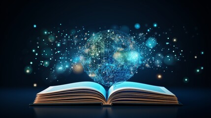 Open Book Displaying Futuristic Digital Globe and Blue Particles on Dark Background - obrazy, fototapety, plakaty