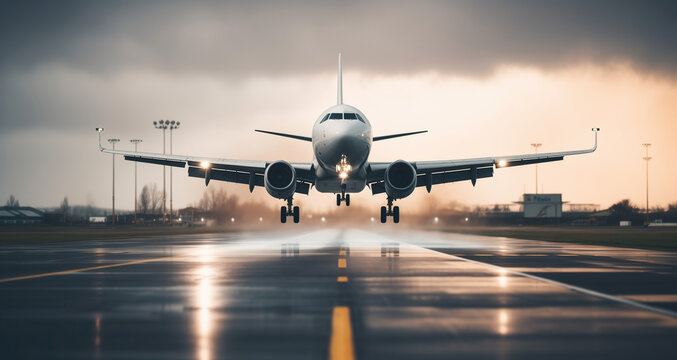 Passenger jet airplane taking off a runway at overcast weather. Photorealistic illustration. Creative ai
