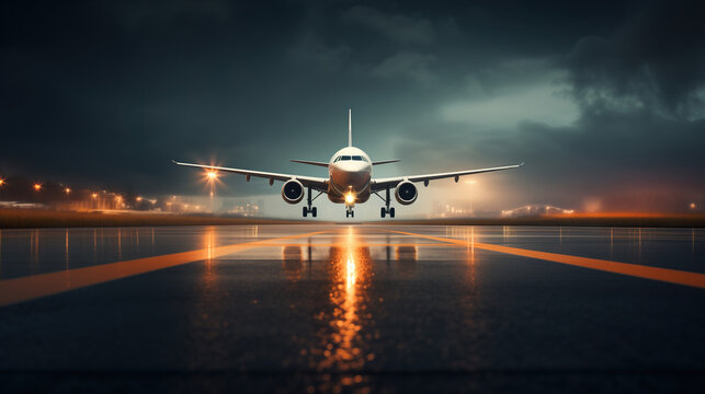 Passenger jet airplane at the runway at sunset. Photorealistic illustration. Creative ai