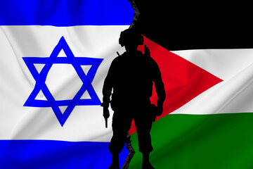 the silhouette of a soldier with a machine gun is against the background of the Israeli and Palestinian flag Generated using AI