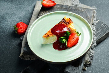 Cheesecake. A slice of cheesecake with strawberry sauce. On a dark stone background.