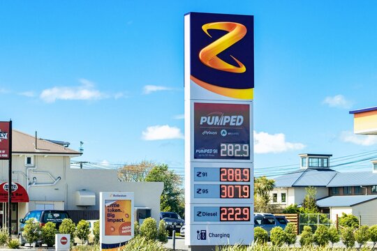 Rolleston, Canterbury, New Zealand - October 15, 2023: Close up of the Z fuel station price board displaying fuel cost per litre in October 2023.