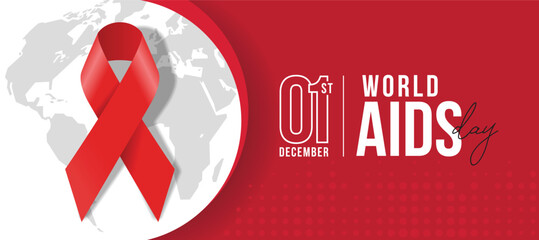 world aids day - text and red ribbon sign on circle globe texture and red dot texture background vector design - Powered by Adobe