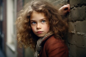 Portrait of a beautiful little girl with curly hair in a brown coat