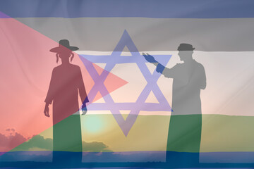 silhouette of an Arab and a Jew against the background of the Israeli and Palestinian flag