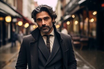 Handsome middle-aged Italian man in a coat and tie on a city street.