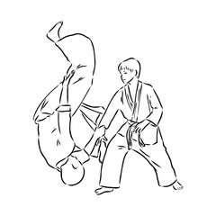 Aikido combat between athletes, stylized vector illustration