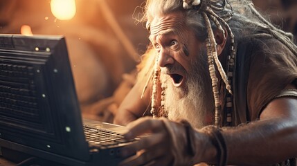 Ancient primitive caveman encountering with modern technology