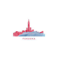 Fukuoka watercolor cityscape skyline city panorama vector flat modern logo, icon. Japan megapolis emblem concept with landmarks and building silhouettes. Isolated graphic