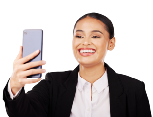 Smile, selfie or business woman for social media, video call or company profile picture on isolated, transparent or png background. Happy latino person with networking, communication and internet app