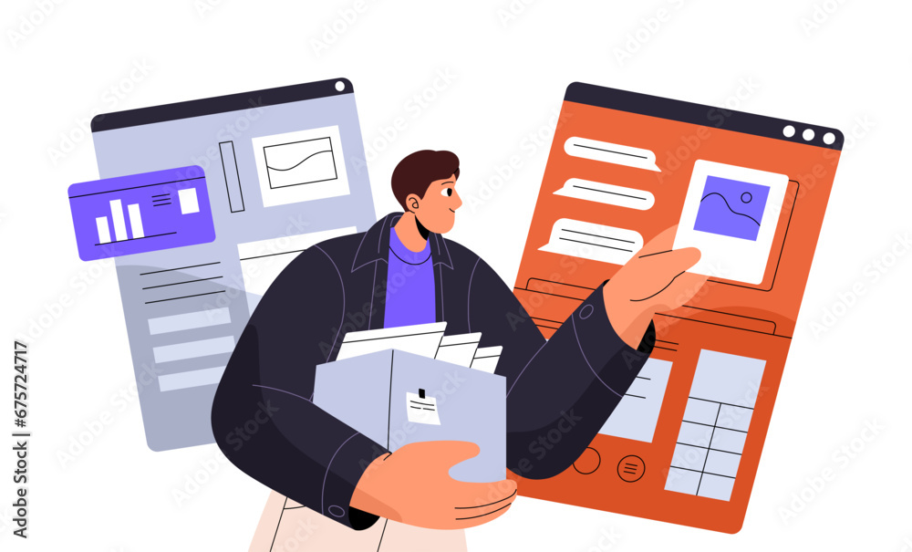 Poster content manager upload data in web app, website. worker add photo in online chat. designer update di