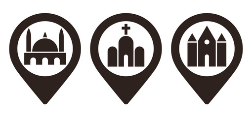 Mosque, church and synagogue map pins. Landmark location pin set. GPS location symbols for apps and websites