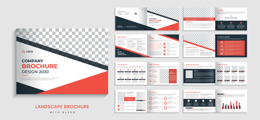 Landscape business company profile brochure design. Corporate 16 page landscape brochure design template with creative shapes