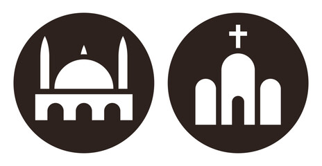 Mosque and church icon. Landmark signs. Religious symbols
