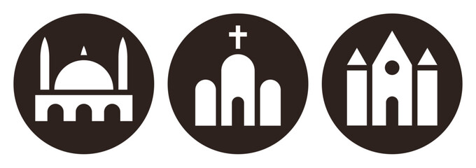 Mosque, church and synagogue icon. Landmark signs. Religious symbols - 675725179