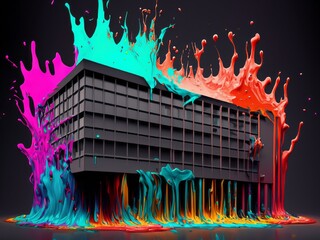 artificial industrial building, exploding colorful flowing colors and splashes of paint