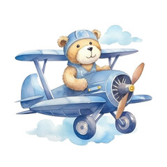 watercolor cute bear airplane blue theme clipart