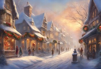 Snow-covered street, Christmas holiday wreaths, lamppost ribbons, shoppers bustling, joyous atmosphere, clear winter day,  crisp sunlight, postcard effect - obrazy, fototapety, plakaty
