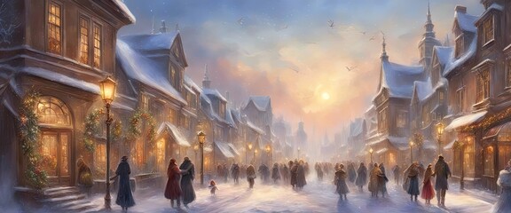 Fototapeta na wymiar Snow-covered street, Christmas holiday wreaths, lamppost ribbons, shoppers bustling, joyous atmosphere, clear winter day, crisp sunlight, postcard effect