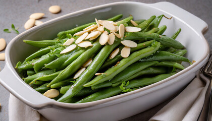Green beans with almonds in a baking dish