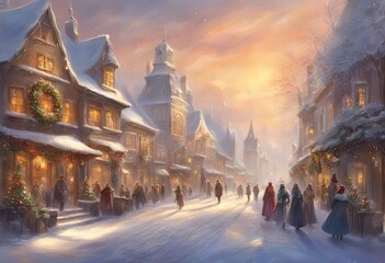 Snow-covered street, Christmas holiday wreaths, lamppost ribbons, shoppers bustling, joyous atmosphere, clear winter day,  crisp sunlight, postcard effect - obrazy, fototapety, plakaty