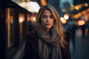 Portrait of a beautiful young woman in a city street at night