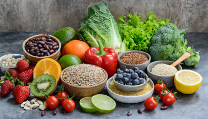 Healthy food selection on gray concrete background