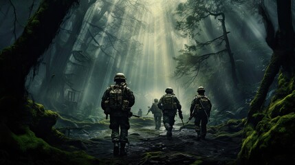 Fototapeta premium Forces Soldier action in dramatic forest
