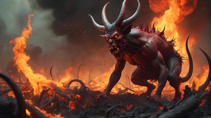 hellish creature: a demonic or devilish figure in hell, generative AI.
