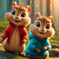 Fototapeta premium little cheerful fluffy chipmunks