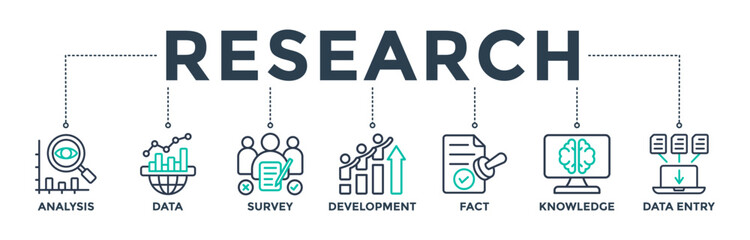 Research banner web icon vector illustration concept with icons of analysis, data, survey, development, fact, knowledge, and data entry