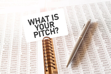 Text WHAT IS YOUR PITCH on paper card, pen, financial documentation on table